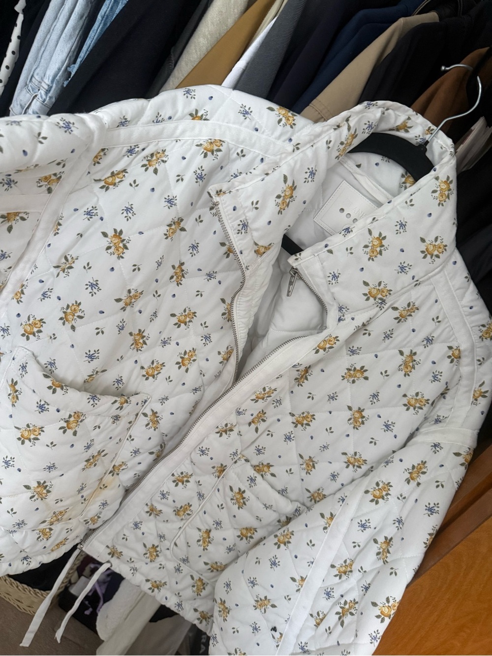 Floral Quilted Puffer Jacket - White with Yellow Floral Print